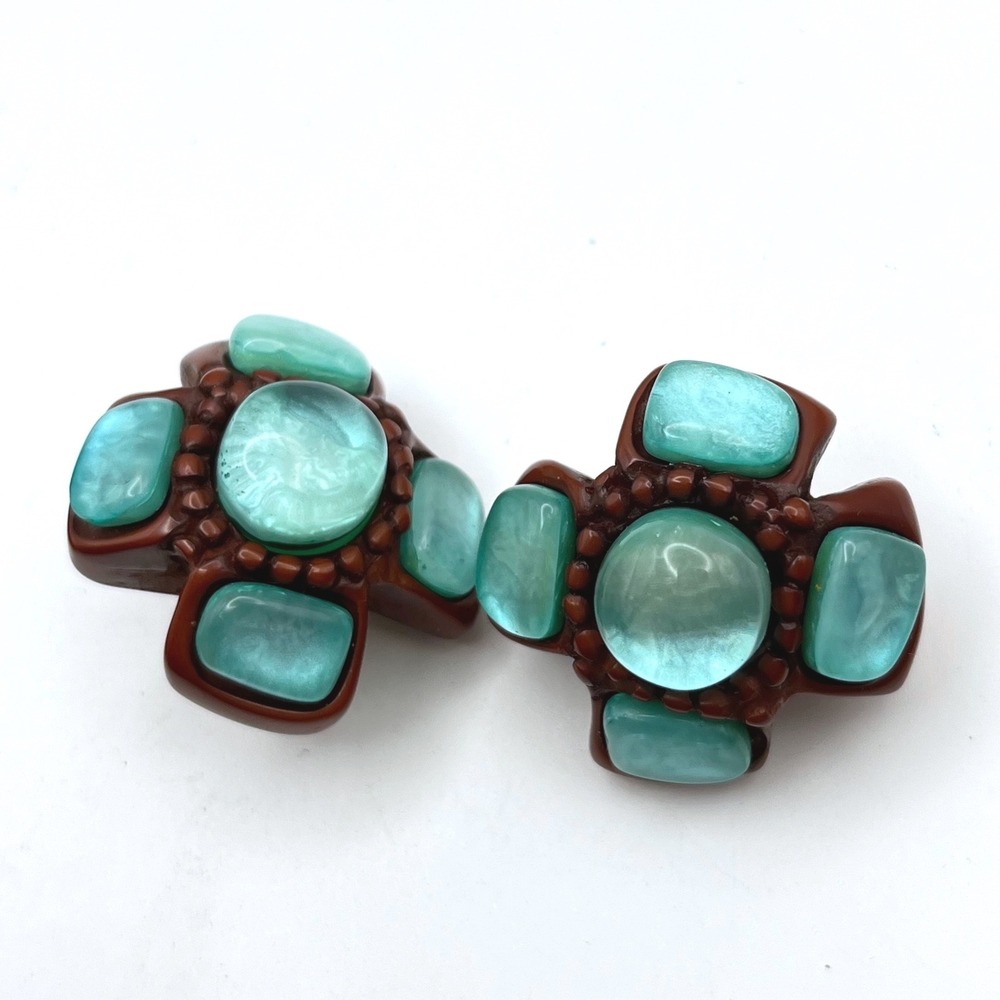 Dominique Denaive Tom and Emma Resin Clip On Earrings Brown Turquoise French